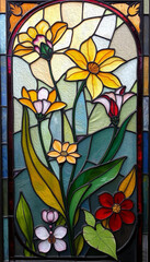 Colorful stained glass window. Botanical pattern. Multicolored interior design template.