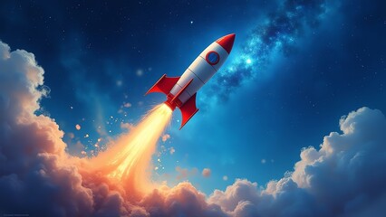 Powerful rocket launching into space, fiery trail 