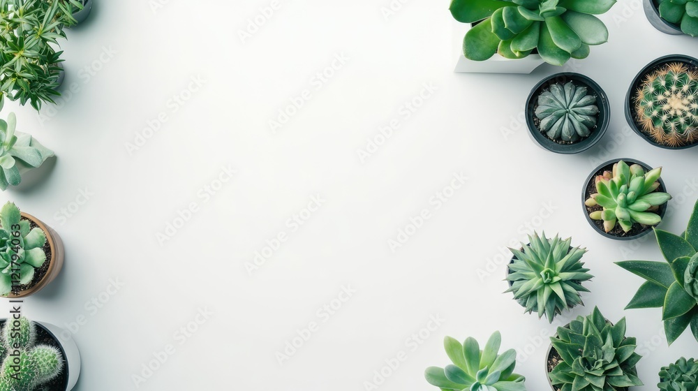 Aufkleber Top view arrangement of various succulent plants in pots on a white background with ample copy space for gardening or decor themes