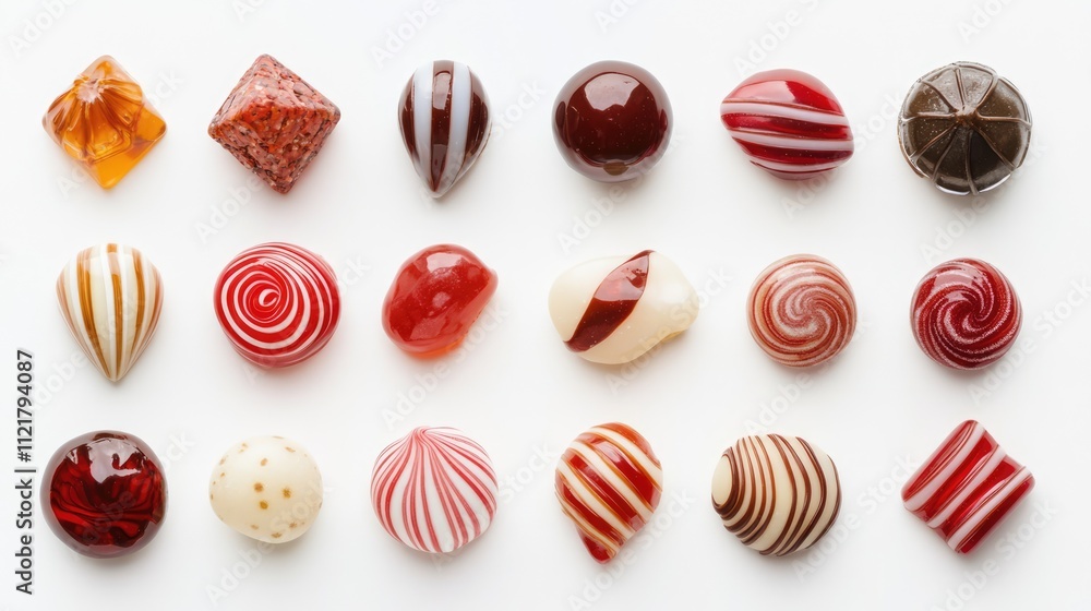Poster colorful assortment of assorted shaped candies arranged in a grid on a clean white background showca