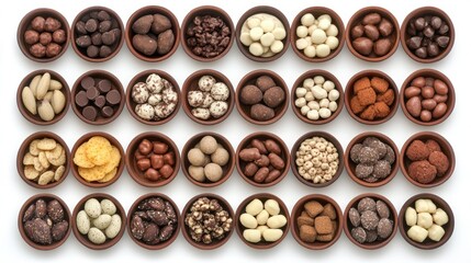 Obraz premium Variety of snack foods displayed in round bowls on a clean white background showcasing colorful and diverse textures and shapes.