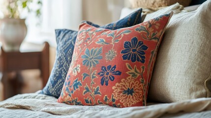 Colorful decorative pillows arranged on a cozy bed in a sunlit bedroom creating a warm and inviting morning atmosphere