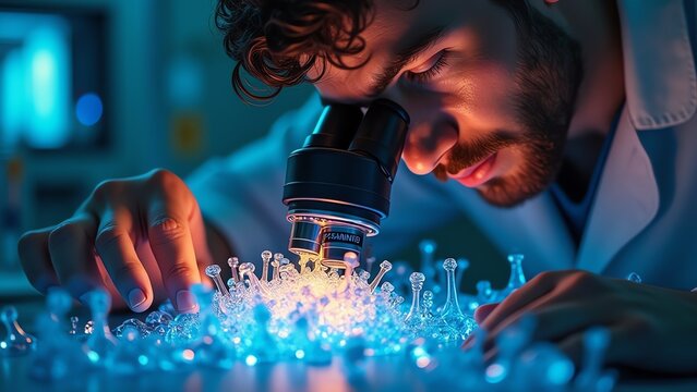 Here are a few options for your stock photo description, all under 200 characters:

**Option 1 (Focus on science):**

> Scientist intently examines microscopic sample