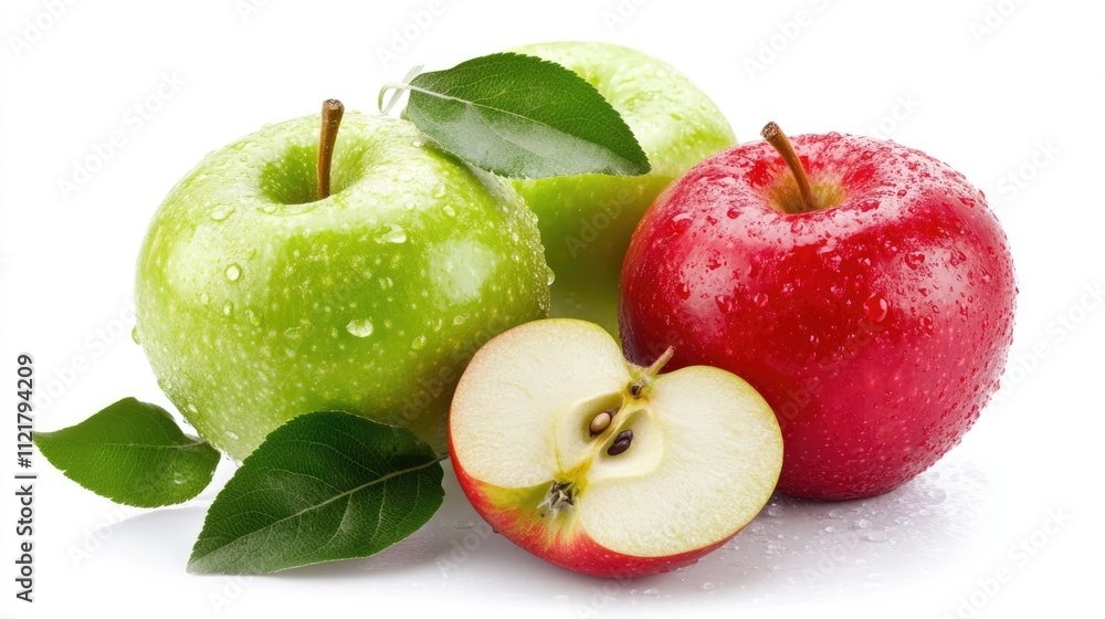 Poster fresh green and red apples with dew drops and leaves on a white background showcasing vibrant colors