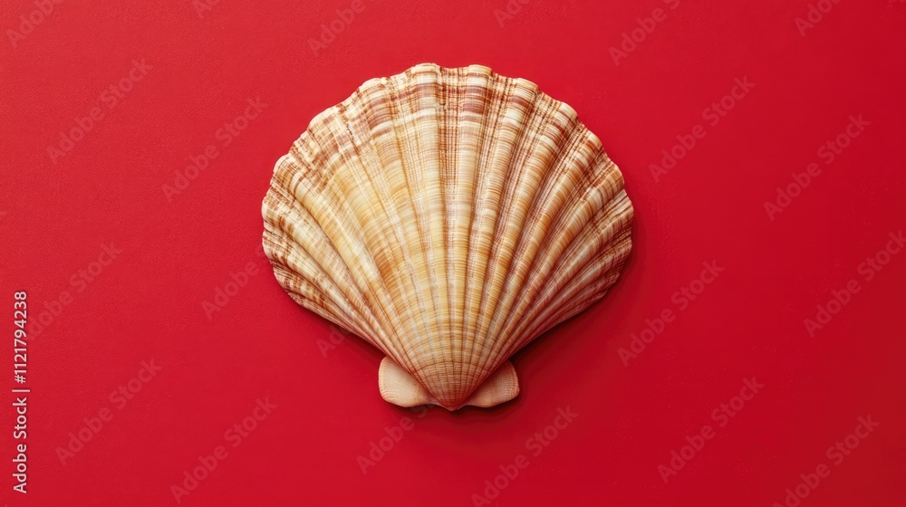 Poster sea shell against a vibrant red background highlighting natural textures in a striking and bold comp