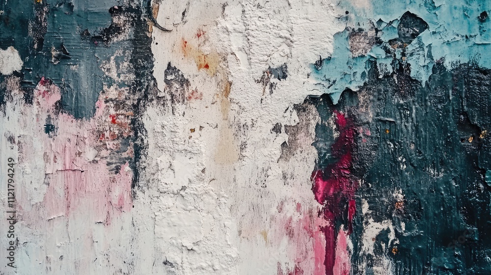 Poster aged plastered brick wall with peeling paint and textured abstract surface for creative design and a