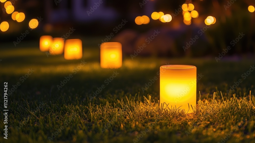 Poster enchanting yellow garden lights illuminating lush grass at night creating a warm and inviting outdoo