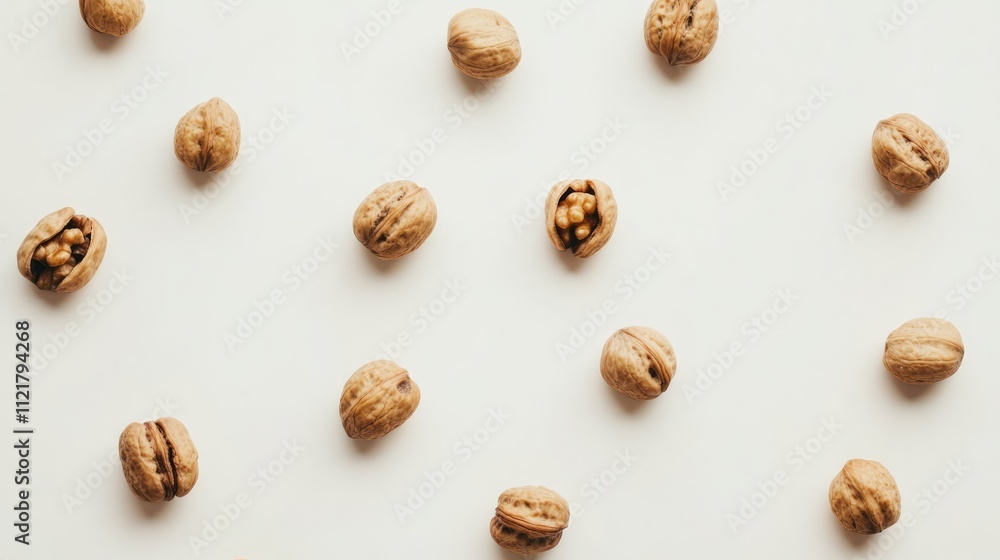 Poster Walnuts scattered on a white surface showcasing their natural texture and color in a minimalist setting