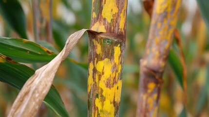 Diseased sugar cane leaves close-up showcasing colorful patterns on the stalk indicative of plant health issues and agricultural challenges.
