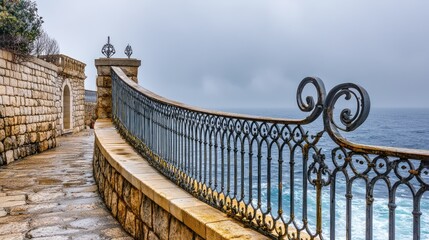 Naklejka premium Wave barriers made of stone and iron on a coastal pier protecting from sea waves and enhancing waterfront scenery with a cloudy sky.