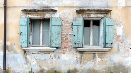 Facade of a renovated house featuring newly installed windows with vintage wooden shutters and...