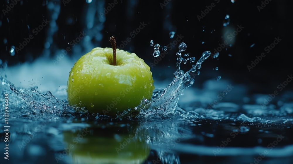 Poster water splash with fresh green apple creating vibrant droplets in dynamic composition against a dark 