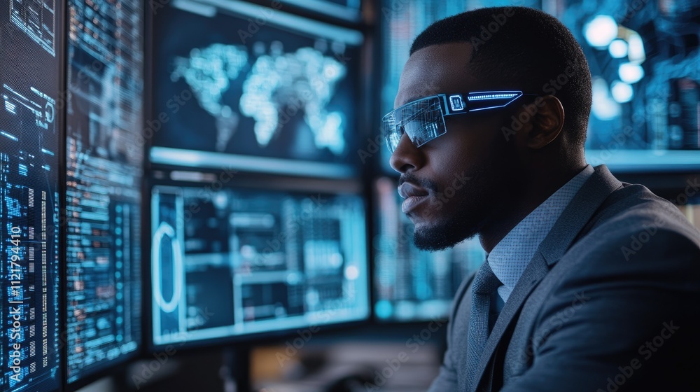 Poster it consultant analyzing data from cloud storage with advanced technology in modern office environmen