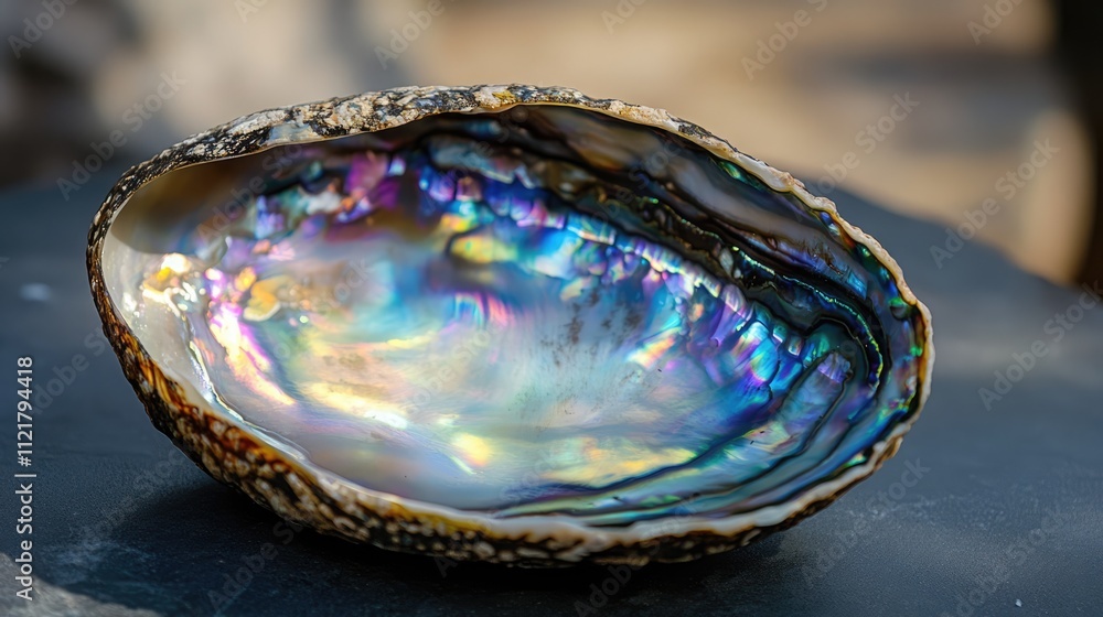 Poster abalone shell showcasing iridescent colors and natural textures on a dark surface background