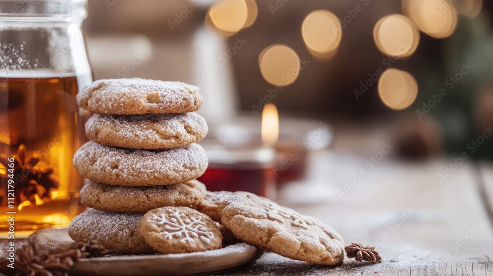 Poster delicious syrup cookies stacked on a rustic wooden table with warm candlelight and festive decor cre