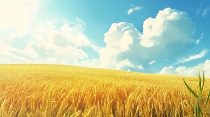Obraz premium Golden Wheat Field Under Bright Blue Sky with Fluffy Clouds and Sunlight Reflection