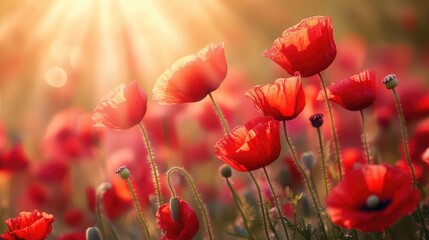 Fototapeta premium Vibrant red poppies illuminated by golden summer sunlight in a serene natural landscape setting