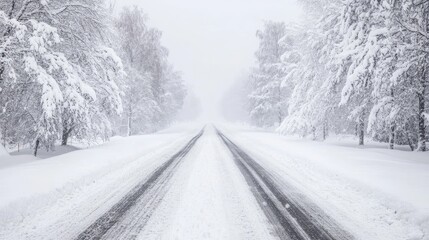 Fototapeta premium Snowy road surrounded by trees in winter depicting transportation challenges and the risks of road maintenance in a vertical black and white image.