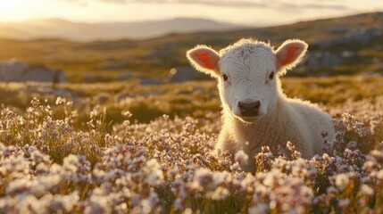 Obraz premium Swedish Mountain Calf in Flowering Meadow during Sunset in Dalarna Region of Sweden