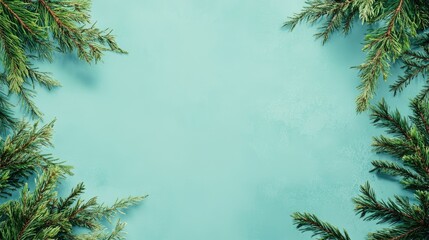 Obraz premium Stylish Christmas frame with green fir branches on light blue background perfect for season's greetings cards and holiday message space