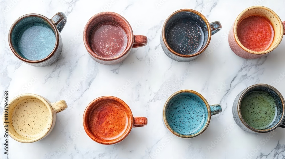 Poster colorful handmade rustic mugs arranged on a marble table showcasing unique textures and craftsmanshi