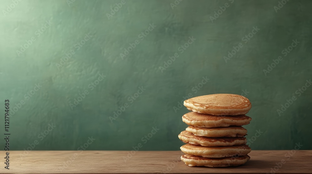 Poster stack of golden pancakes on wooden table with a rustic green background showcasing a delicious break