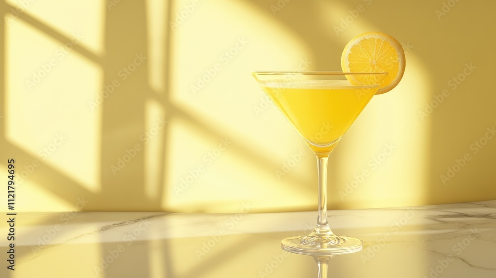 Poster refreshing yellow cocktail served in a tall glass with a slice of lemon against a warm yellow backdr