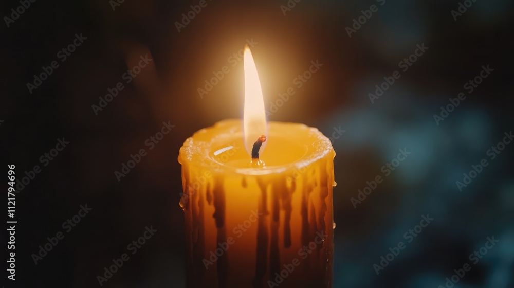 Poster close up of a flickering flame on a yellow candle with wax dripping down creating a warm and serene 