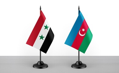 Image of the table flag of Syria and Azarbaijan countries. White background. Close-up flags. High...