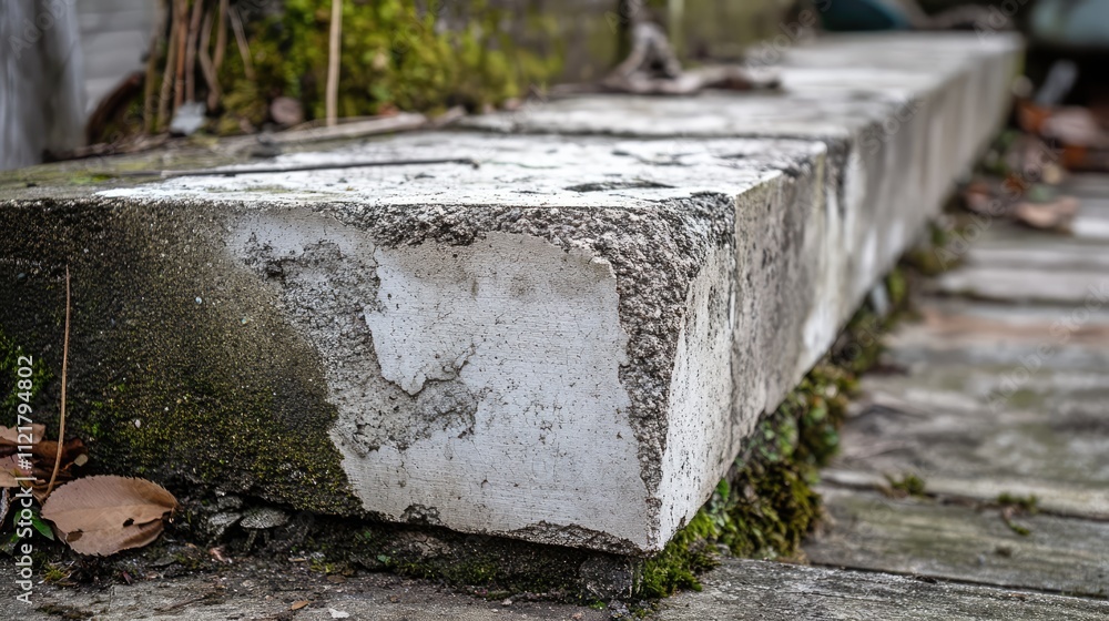 Poster weathered cement block on an aging wooden deck featuring missing fragments and natural moss growth i