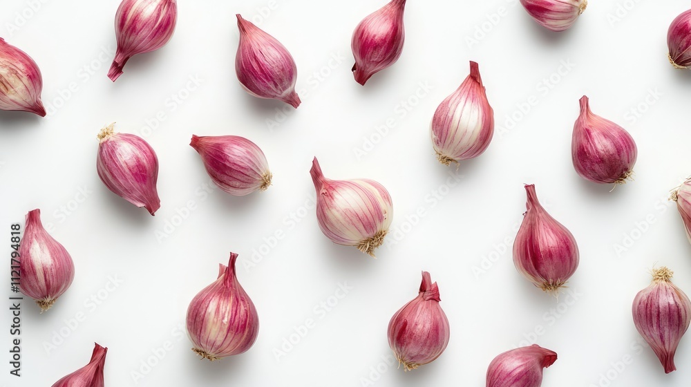 Poster fresh shallots arranged neatly on a clean white background highlighting their vibrant color and natu
