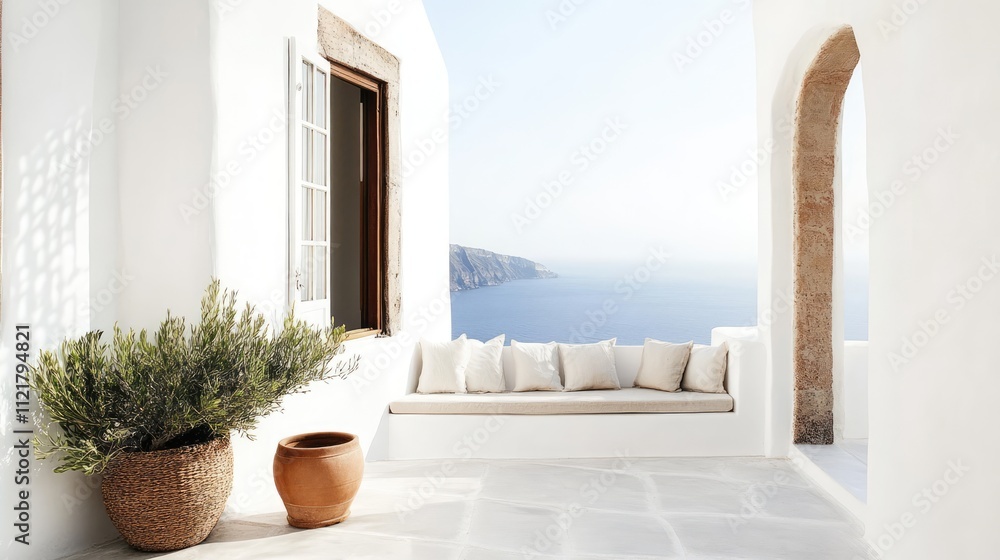 Poster serene terrace with nature view showcasing white architecture and coastal scenery for a tranquil atm