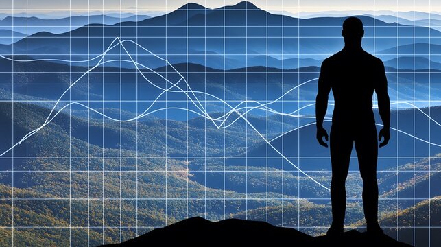 man's silhouette against a mountain range, overlaid with a graph, symbolizing overcoming financial challenges. [men's]:[financial planning] 