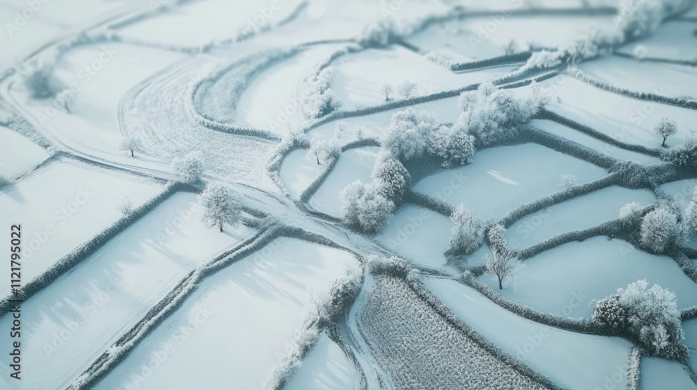 Poster Aerial view of snow-covered agricultural fields with intricate patterns and frosted trees creating a serene winter landscape.