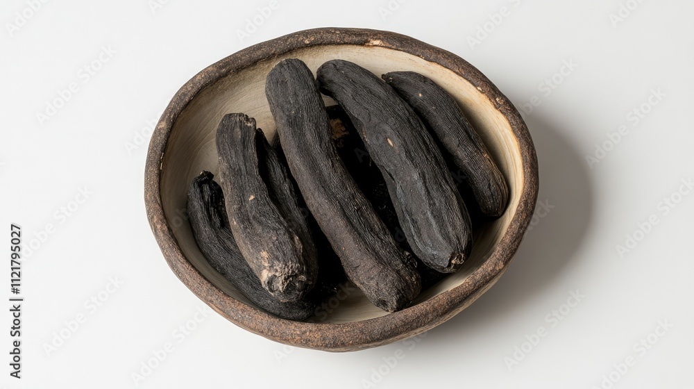 Poster Tonka beans arranged in a rustic bowl on a white background showcasing their unique texture and shape from a top-down perspective