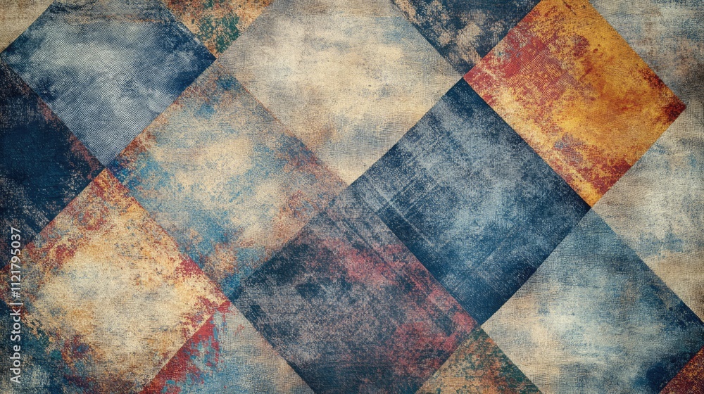 Poster Multicolored textured background featuring a bohemian print with geometric patterns in blue, beige, and gray for design projects and accents