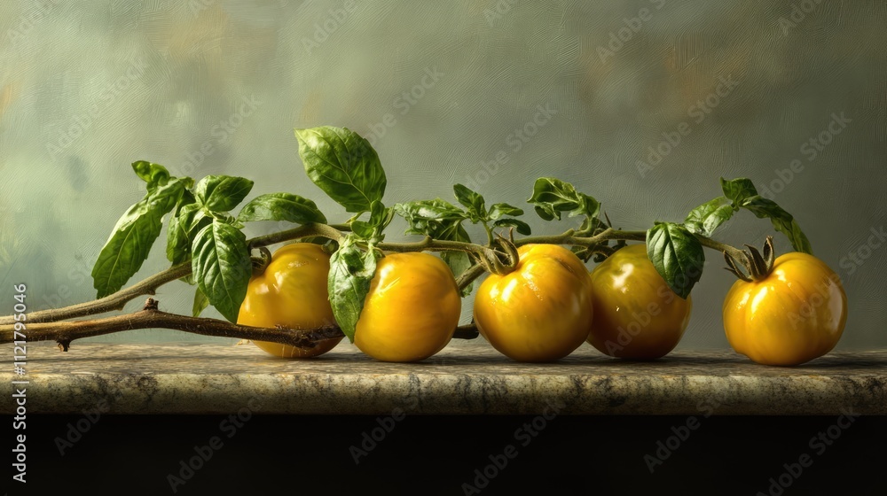 Poster Yellow tomatoes with basil leaves on branch against a textured background showcasing fresh produce and culinary inspiration.