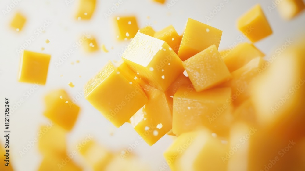 Poster diced mango cubes floating in the air creating a vibrant and fresh visual on a clean white backgroun