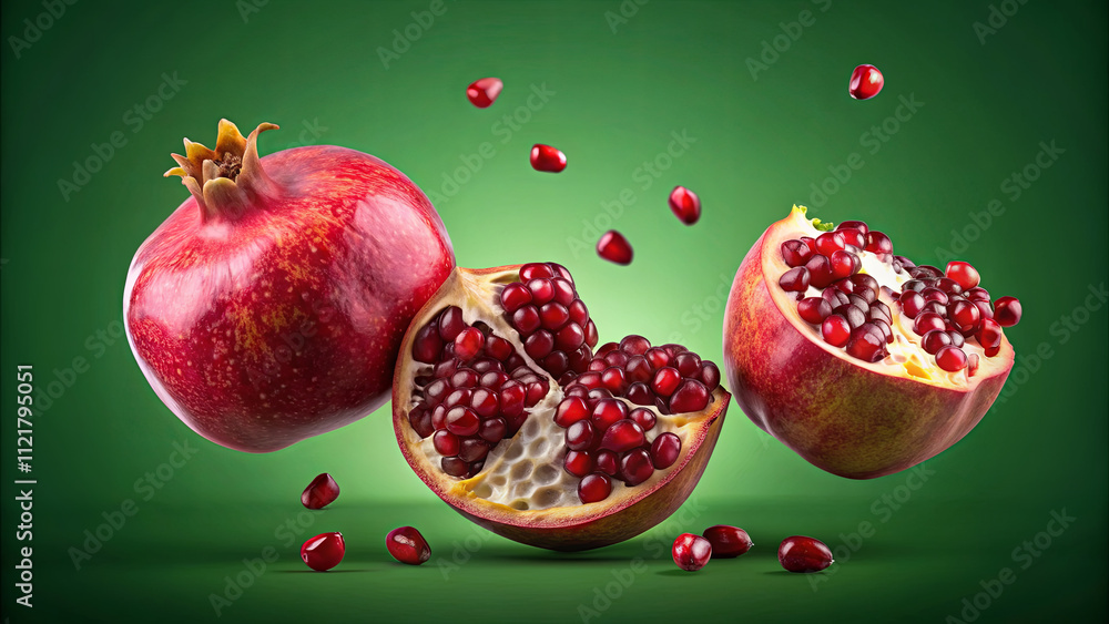 Poster a pomegranate is split open, showcasing its bright red seeds spilling out. the striking green backgr
