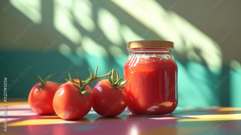 Aufkleber tomato paste jar with fresh ripe tomatoes in a vibrant setting showcasing farm-to-table freshness an