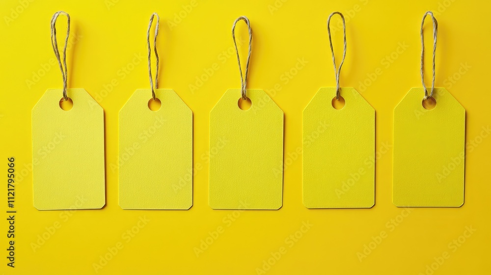 Poster yellow price tag stickers arranged with blank space for text on a vibrant yellow background for sale