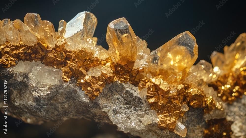 Poster skeletal limonite on quartz showcasing golden mineral formations and crystal structures in a natural