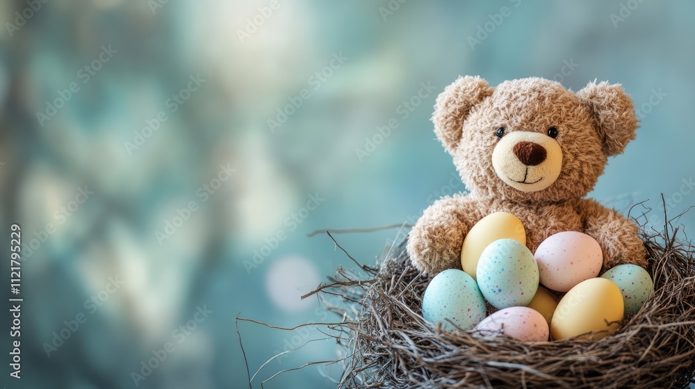 Poster cute teddy bear with colorful easter eggs nestled in a bird's nest on a soft blurred background for 