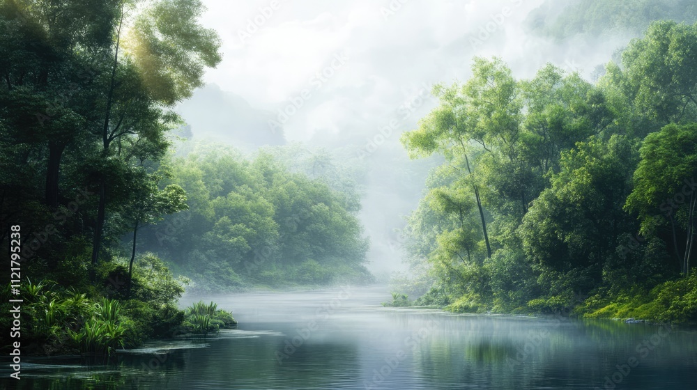 Poster Serene riverside forest landscape with lush greenery under a foggy sky creating a tranquil natural atmosphere for relaxation and reflection.