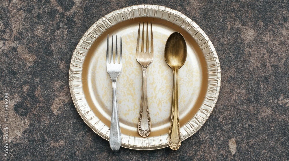 Poster Top view of a gold paper plate with silverware including a fork and spoon on a textured surface background