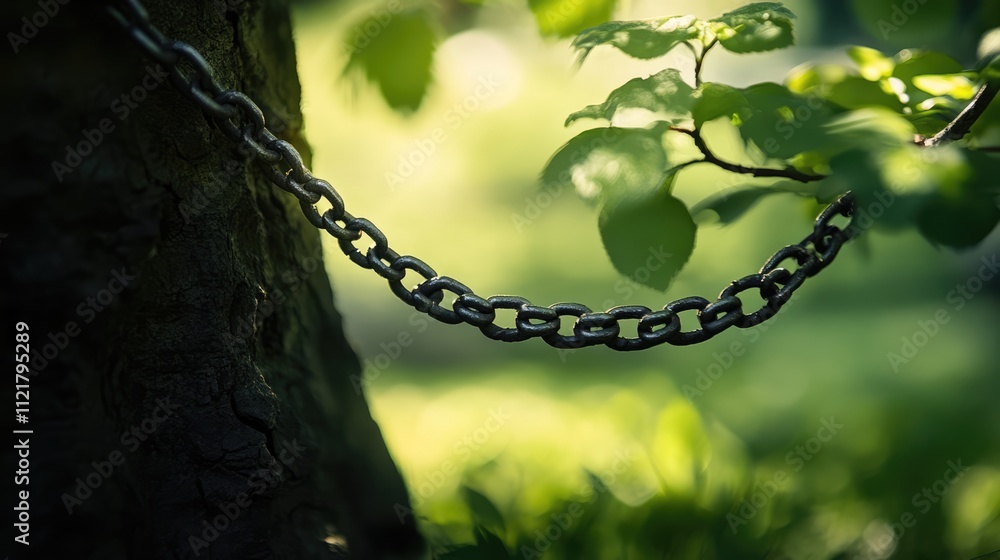 Aufkleber rustic chain draped over a tree branch surrounded by lush greenery and soft sunlight in a tranquil o