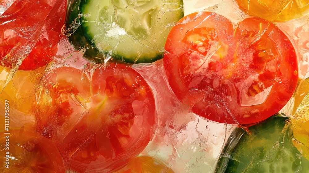 Poster Fresh tomato and cucumber salad with vibrant colors and textures in a close-up view showcasing healthy and appetizing ingredients