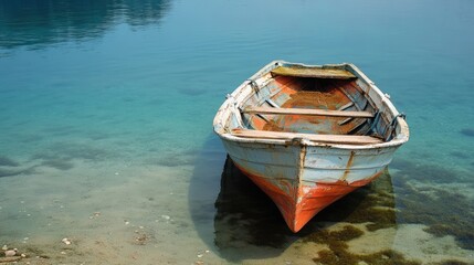 Obraz premium Abandoned boat resting on serene waters with gentle waves and clear reflections creating a tranquil coastal atmosphere.