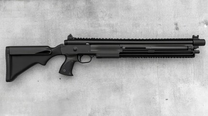 Pump action shotgun showcasing sleek design and versatile functionality on textured background.