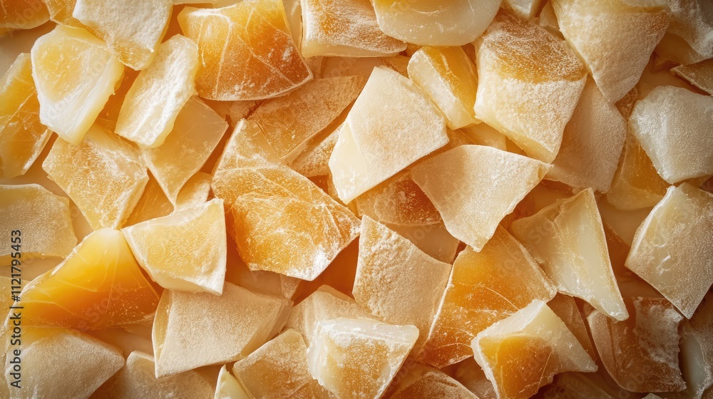 Aufkleber Top view of a full frame background showcasing a heap of salted cod fillet slices arranged on a kitchen counter surface